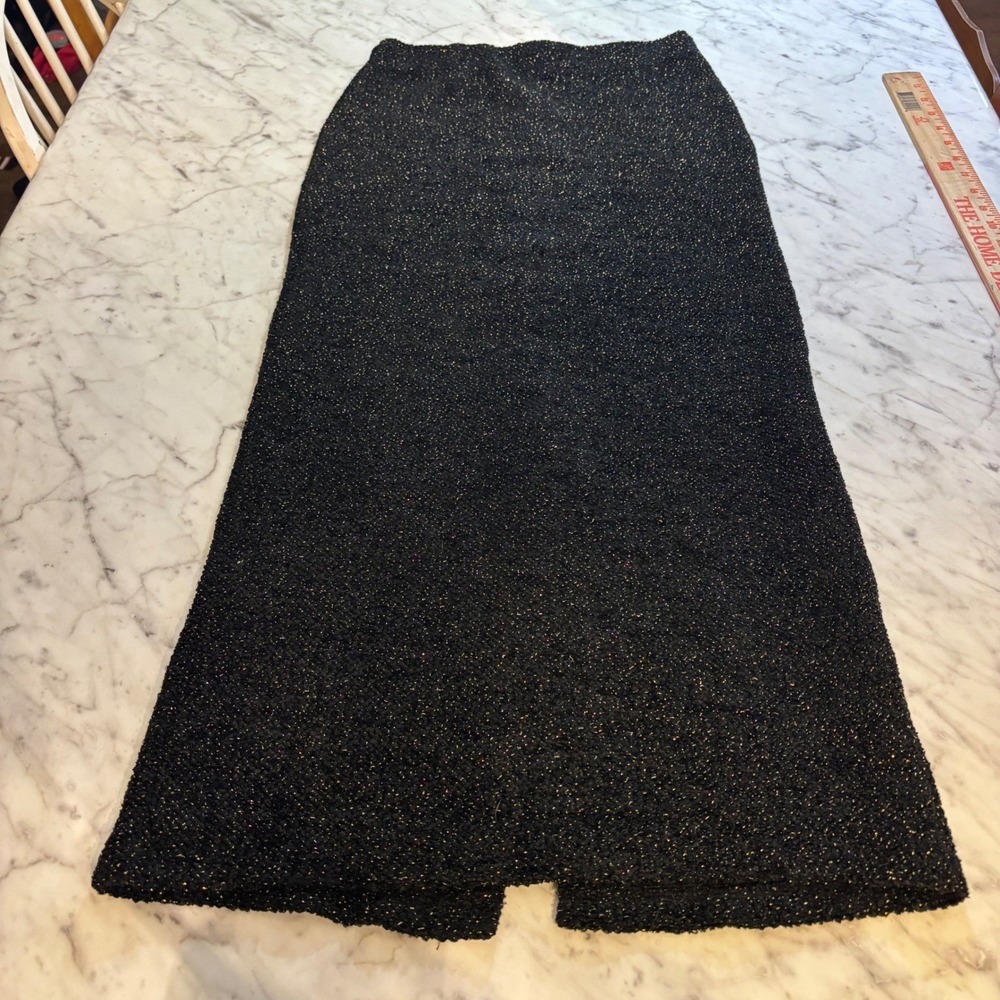 Zara‎ Black Gold Metallic Bouclé Knit Midi Skirt High Waisted Back Slit Small